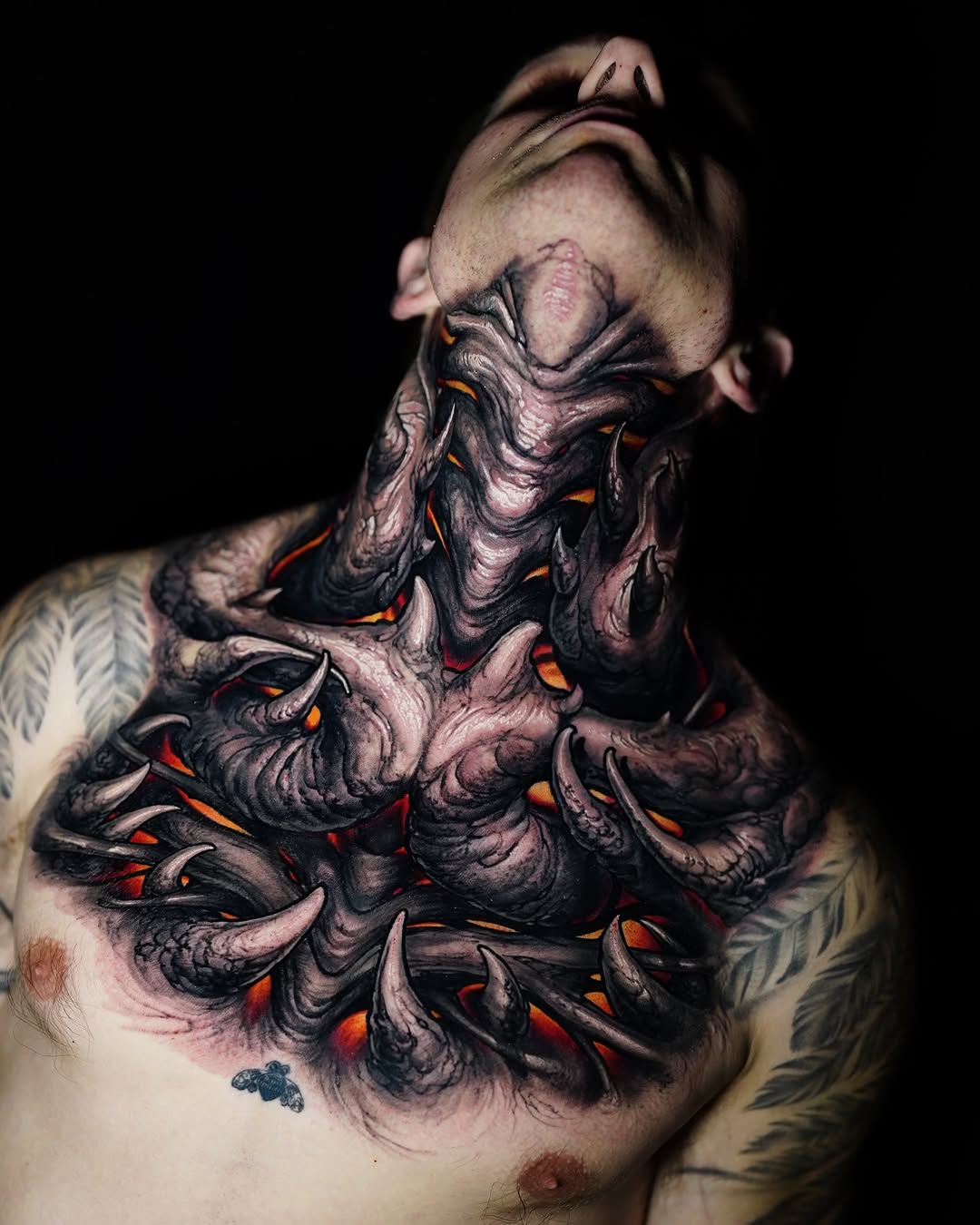 Demonic claws bursting from neck and chest, lava glow, freehand