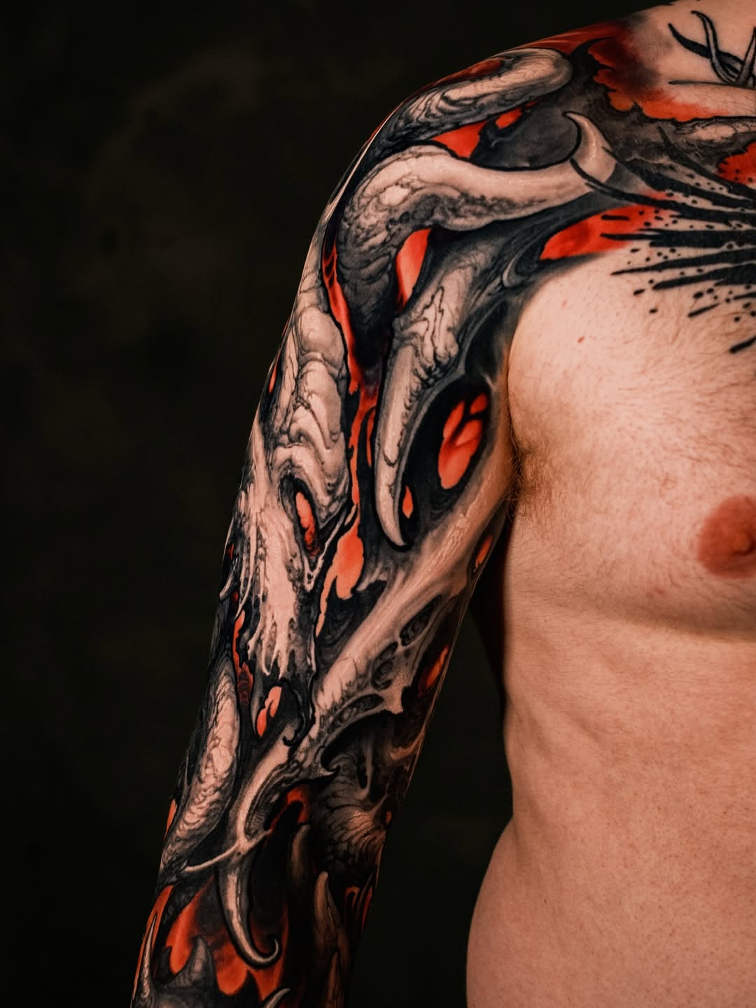 Bone-skull bio-mechanical arm sleeve, red glow, freehand