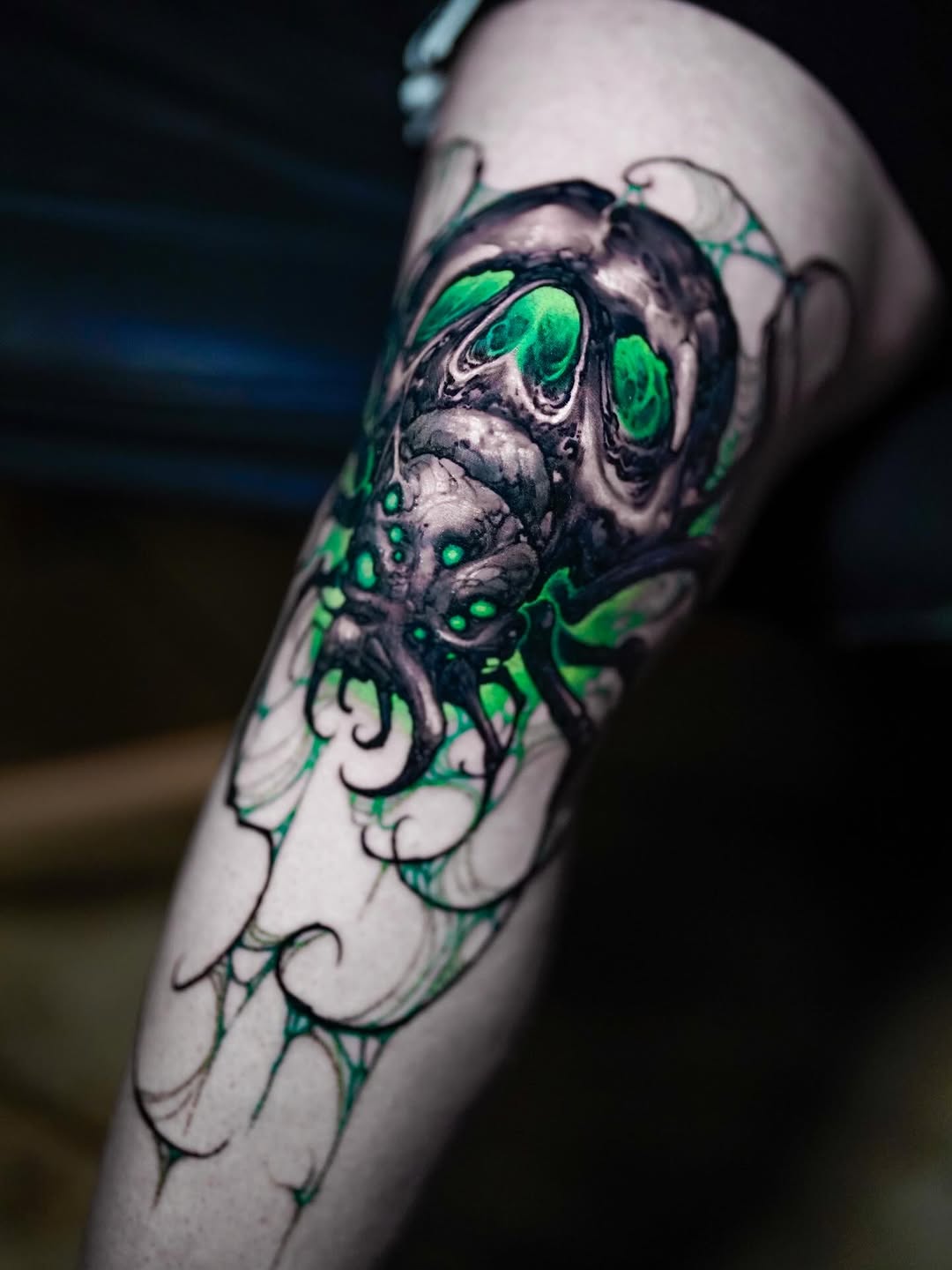 Bio-mechanical knee, green glow, one day