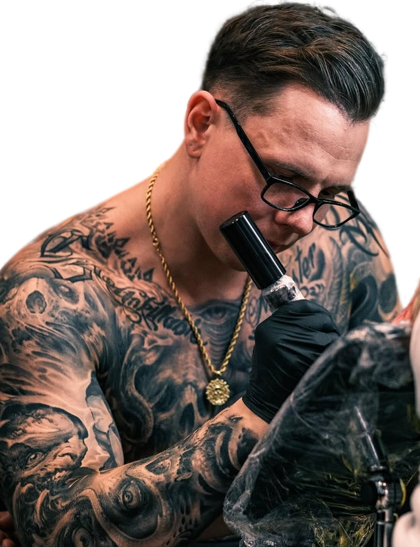 Christian Boye. Full sleeve and chest piece visible. Dropout Copenhagen.